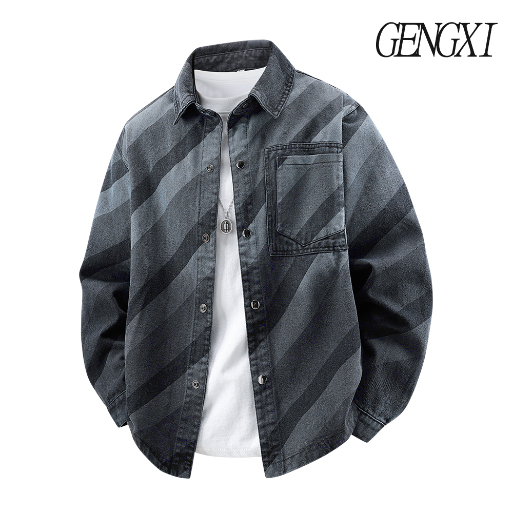 Jacket Winter Clothing - Men's Gradient Striped Design Washed Denim