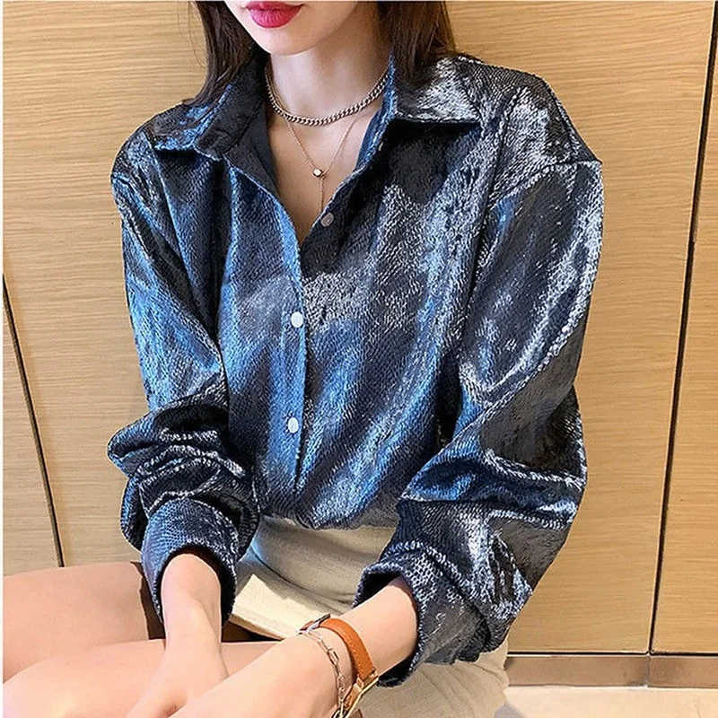 Winter Clothing Korean - Women's Shiny Button Shirt Spring and