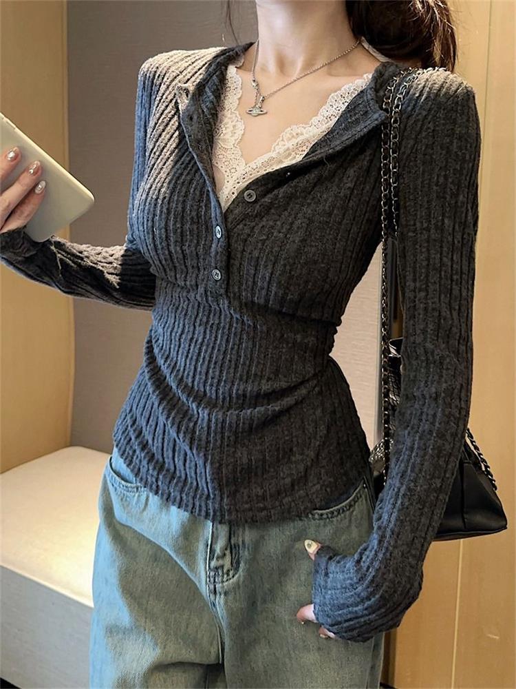 Women's Top Lace Patchwork Lon - Winter Clothing Aesthetic avis et prix