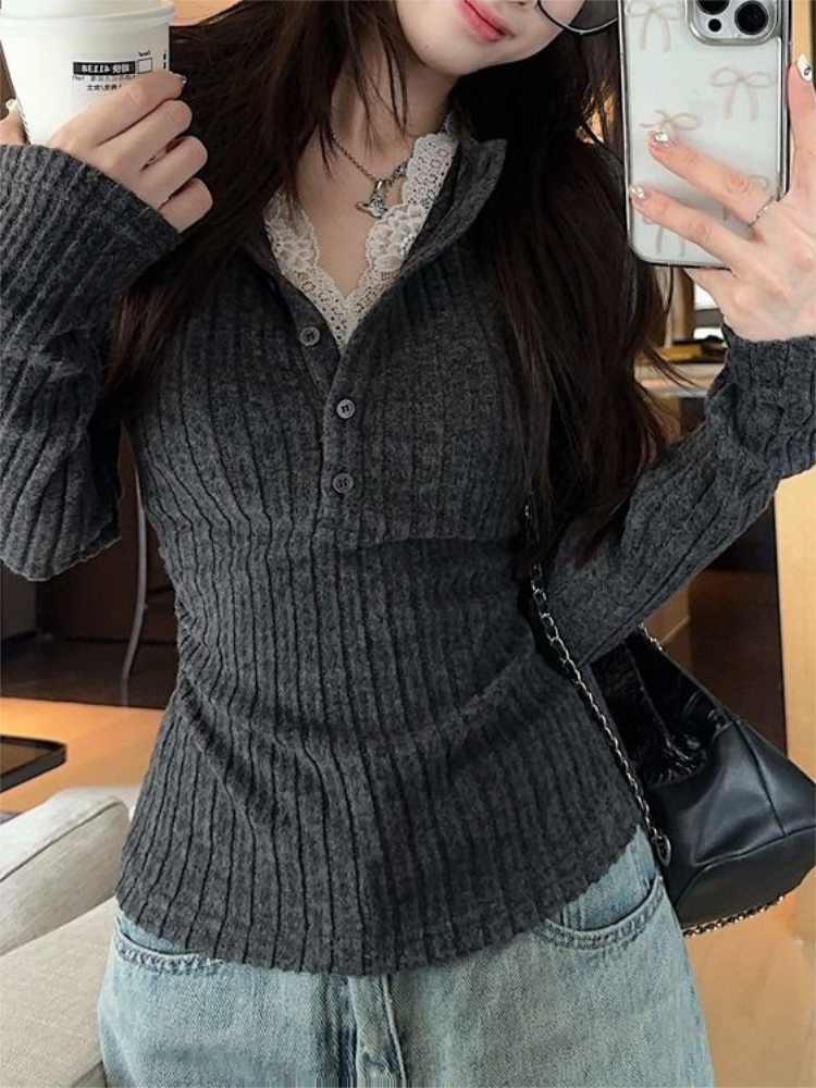 Women's Top Lace Patchwork Lon - Winter Clothing Aesthetic avis et prix