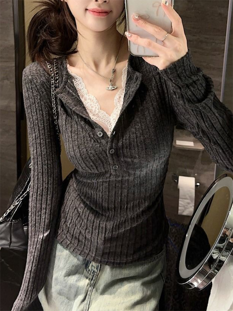 Women's Top Lace Patchwork Lon - Winter Clothing Aesthetic avis et prix
