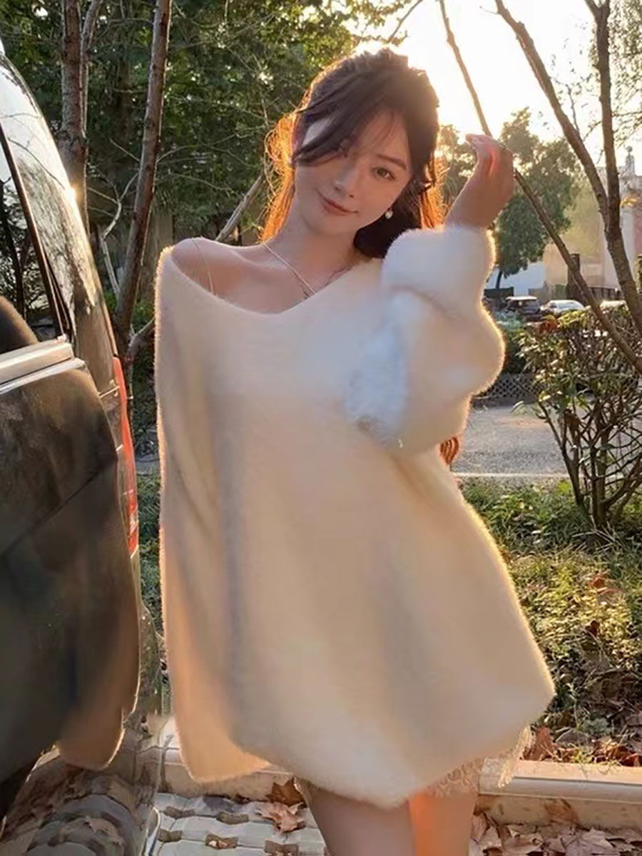 Pullovers Women Pink V-neck Au - Winter Clothing Aesthetic avis et prix